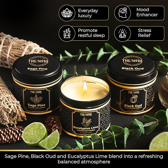 Candle Gift Set of 3 Black Oud|Sage Pine|Eucalyptus Lime Strong Scented Soy Candels Clean Non Toxic Velas Aromáticas Favors for Women Coworkers Friends Guests Also for Fall Diwali Christmas Holidays