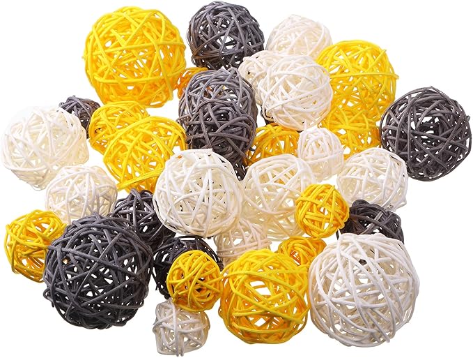 Patelai 72 Pcs Wicker Rattan Balls Decorative Balls for Vase Centerpiece Bowls Orbs Filler for Spring Summer Craft Home Decor, 4 Sizes(Yellow, Gray, White)