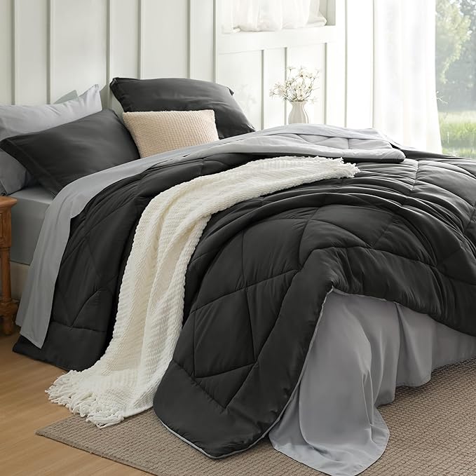 Bedsure Charcoal Grey Full Comforter Set - 7 Pieces Reversible Bedding, Full Size Bed Set for All Seasons, Bed in a Bag with Down Alternative Comforter, Sheets, Pillowcases & Shams