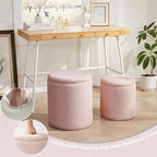 Royal Windsor Boucle Round Ottoman with Storage Set of 2,Small Foot Stool Ottoman for Living Room, Small Coffee Table,Vanity Stool with Storage for Bedroom, Pink