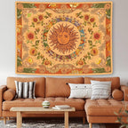 Accnicc Yellow Sun and Moon Tapestry Vintage Indie Boho Tapestry Wall Hanging with Sunflowers Butterfly Moth Constellation Aesthetic Wall Tapestries for Bedroom Dorm Living Room (Orange, 70.8'' ×