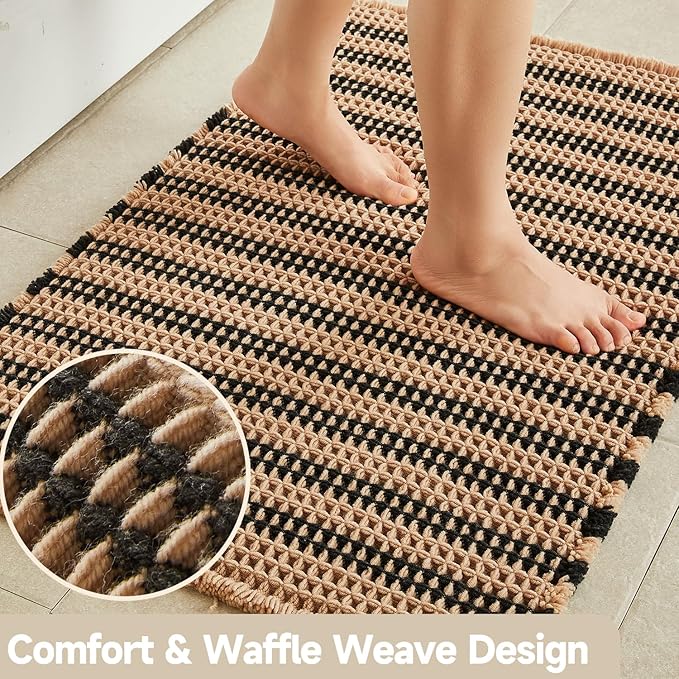 Waffle Bath Mat, Boho Bathroom Rugs Non Slip Washable Super Absorbent Quick Dry Bath Mat Farmhouse Bathroom Decor, 30"x20" Black and Khaki