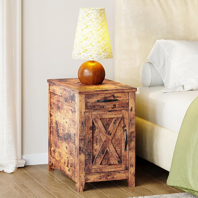 IRONCK End Table with Charging Station, Narrow Side Table for Living Room, Farmhouse Night Stand for Bedroom, Bedside Table with Storage and Drawer for Home, Vintage Brown