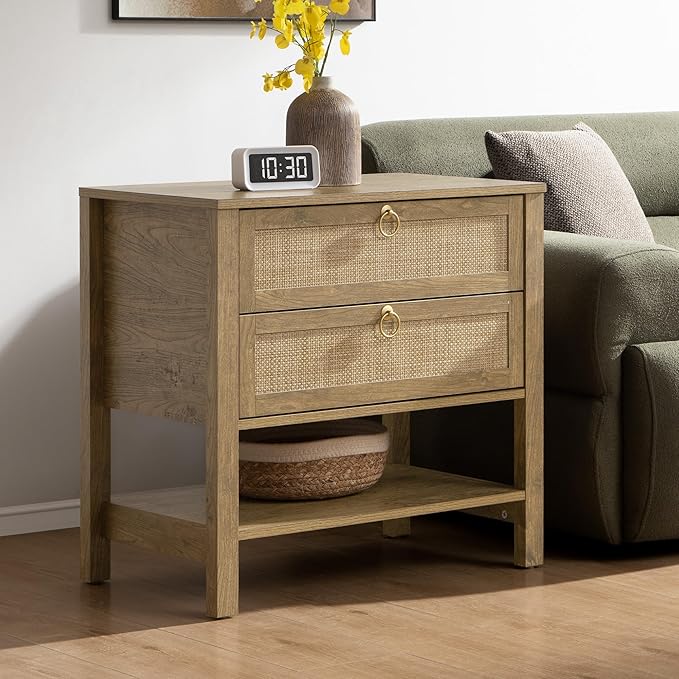 SICOTAS Night Stand with Drawers and Storage Shelf - Large Nightstands Rattan Decor Boho Bedside Table Narrow Side Table for Bedroom, Small Space
