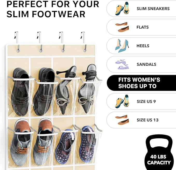 Simple Houseware 24 Pockets - Crystal Clear Over The Door Hanging Shoe Organizer, Beige (64'' x 19'')