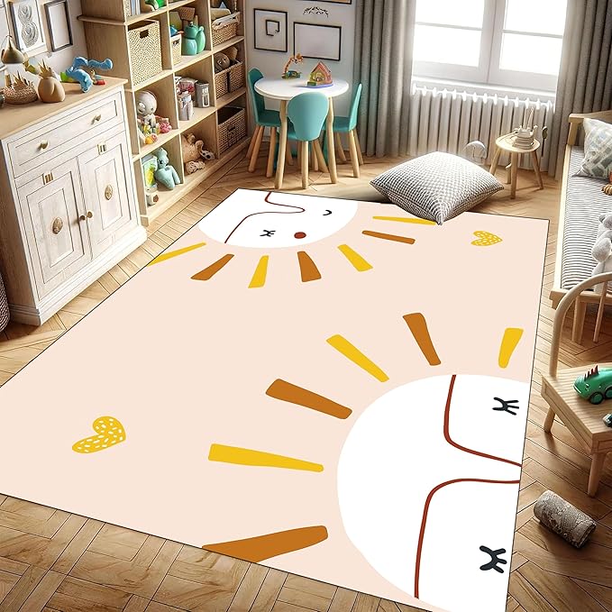 Children's Rug Living Room Plush Area Rugs Educational Rugs Soft Washable Non-Slip Rugs Simple Cute Sun and Love Prints Kids Room Nursery Decor Pink Rugs 4x6ft