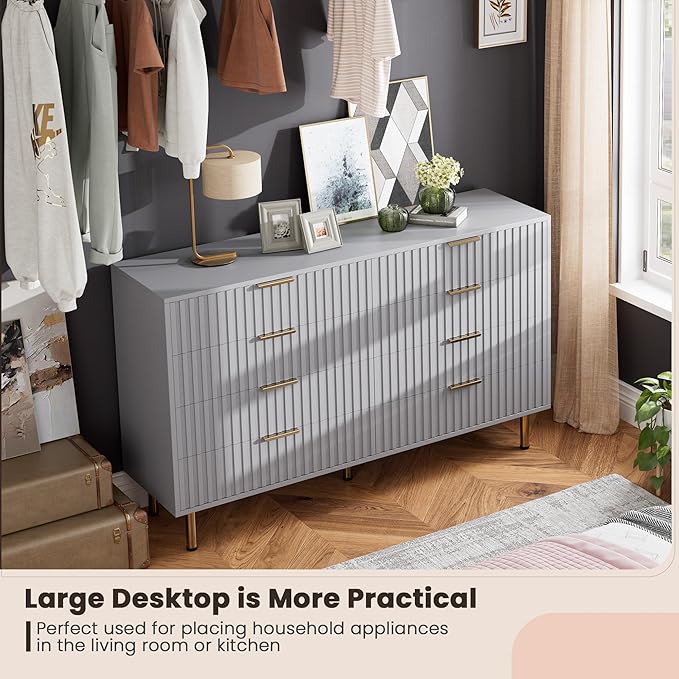 8 Drawer Dresser for Bedroom, Fluted 55 in Wide Modern Chest of Drawers with Deep Drawers, Long Large Double Dresser TV Stand, Wooden Dresser Organizer for Living Room, Hallway, Kids Room, Grey