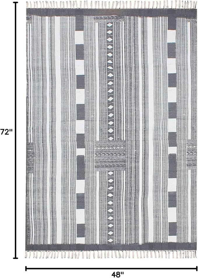 Area Rugs for Living Room 4x6 Kilim Rug Gray & Beige Cotton Dhurrie Striped Thick 0.19 inches Stone Easy Washable Hand Wash Cotton Carpet Flatweave Rug Indoor Outdoor Rugs for Kitchen, Bedside