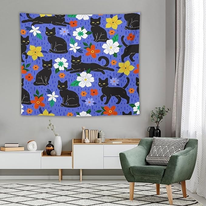 VUMIVI Black Cat Floral Tapestry Red White Hand-Painted Flowers Cute Animals Kids' Doodles Tapestry Wall Hanging for Living Room Bedroom Dorm Classroom Aesthetic Decor W60xL50in
