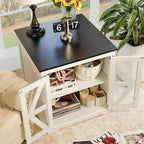 Farmhouse End Table, 24" Large End Tables with Storage, Rustic Square Sofa Beside Table with Glass Barn Door, Wood Side Table Square Nightstand for Living Room, Bedroom, Office (White)