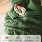 MUXHOMO 7 Pieces Full Comforter Set, Seersucker Bed in a Bag Full Size, All Season Luxury Bedding Set with Comforter, Flat Sheet, Fitted Sheet, Pillowcases & Shams, Dark Green