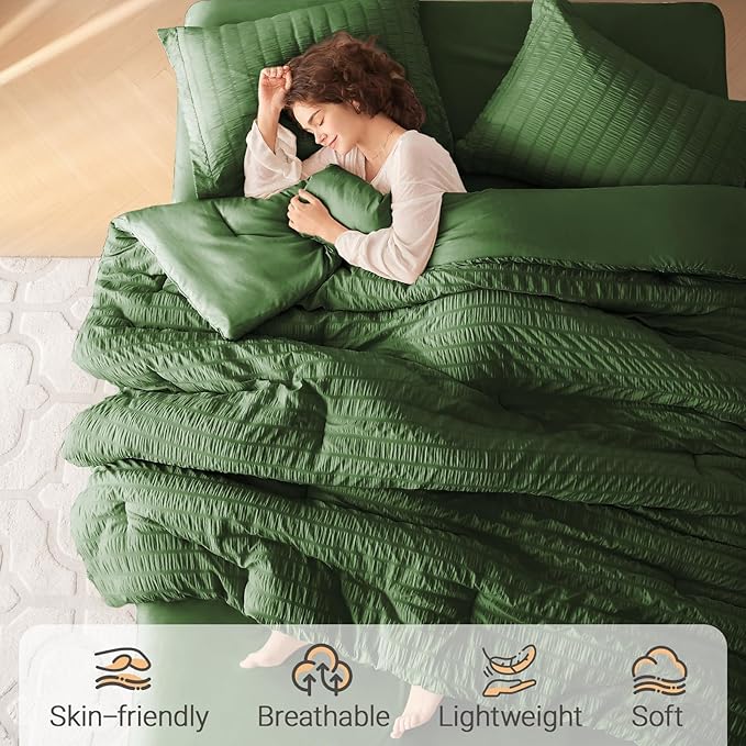 MUXHOMO 7 Pieces Full Comforter Set, Seersucker Bed in a Bag Full Size, All Season Luxury Bedding Set with Comforter, Flat Sheet, Fitted Sheet, Pillowcases & Shams, Dark Green