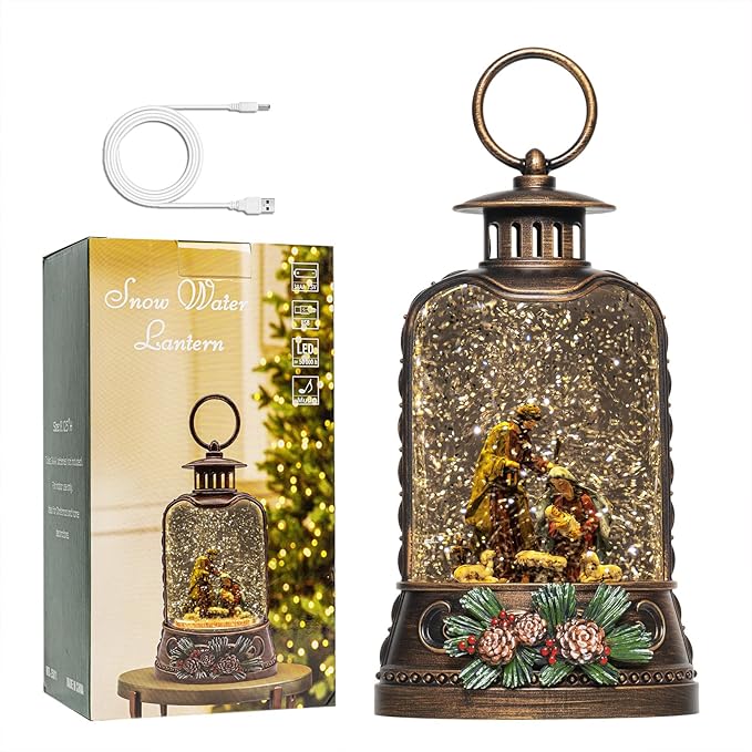 9.6" Christmas Snow Globe Lantern with Nativity - Water Swirling Glitter LED Light Musical Lantern with Exterior Decor - Vintage Xmas Gifts - USB Plug or Battery Operated Home Decor (Nativity)