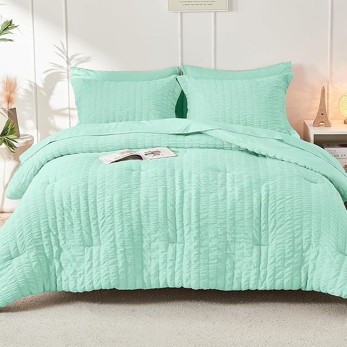 HYMOKEGE Mint Green King Size Comforter Set Seersucker 7 Pieces, All Season Luxury Bed in a Bag for Bedroom, Bedding Set with Comforter, Sheets, Pillowcases & Shams