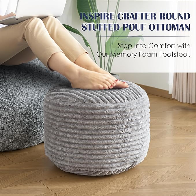 Round Pouf Ottoman,Corduroy Poufs with Memory Foam Filling for Foot Rest,Soft Footstool for Living Room,Office,20"x 17",Light Grey