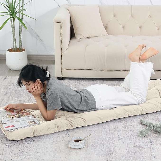 HOMBYS Floor Lounger Pillow Foldable and Tufted Design Long Floor Cushion for Yoga, Reading, Sleeping, Meditation, Elastic Band for Roll Up and Easy Storage, Machine Washable (Beige, 74"x27")