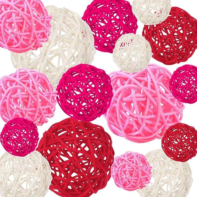 SANNIX 16 Pcs Valentine's Day Rattan Balls for Bowls,Pink and Red Decorative Balls Decor for Wedding Home Table Vase Decorations