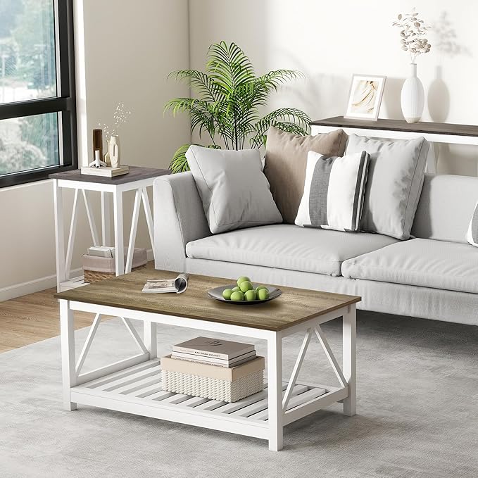 Farmhouse Coffee Table for Living Room, 2-Tier Rectangular Wooden Centre Cocktail Table with Slats Shelf Storage and V-Shaped Frame (Walnut Top)