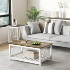 Farmhouse Coffee Table for Living Room, 2-Tier Rectangular Wooden Centre Cocktail Table with Slats Shelf Storage and V-Shaped Frame (Walnut Top)