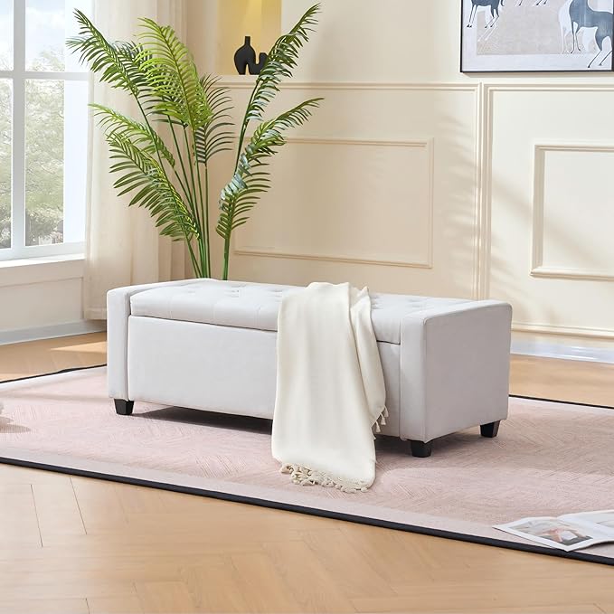 48" Storage Bedroom Bench for End of Bed, Faux Linen Upholstered Storage Ottoman with Arms for Bedroom,Living Room, Entryway, Beige