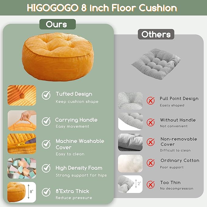 8" Washable Floor Pillow Cushion for Adults, Meditation Cushion Pillow, Large Round Floor Sitting, Removable Tufted Corduroy Cover, for Tatami Living Room or Yoga, 22x22 Inch, Machine Washable