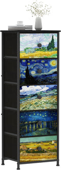 Dresser with 5 Drawers Narrow Tall Nightstand Van Gogh Dresser for Bedroom Fabric Drawer Organizer Unit for Living Room Entryway Hallway Closet Sturdy Steel Frame Wooden Top