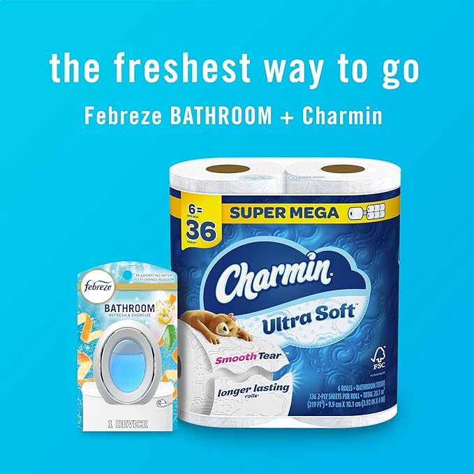 Febreze Bathroom Air Freshener, Odor-Fighting, Plug In Alternative, Air Fresheners for Home, Bathroom, & Kitchen, Closet Air Fresheners, Pet & Litter Box Odor Fighter, Refresh & Energize Scent, 4ct