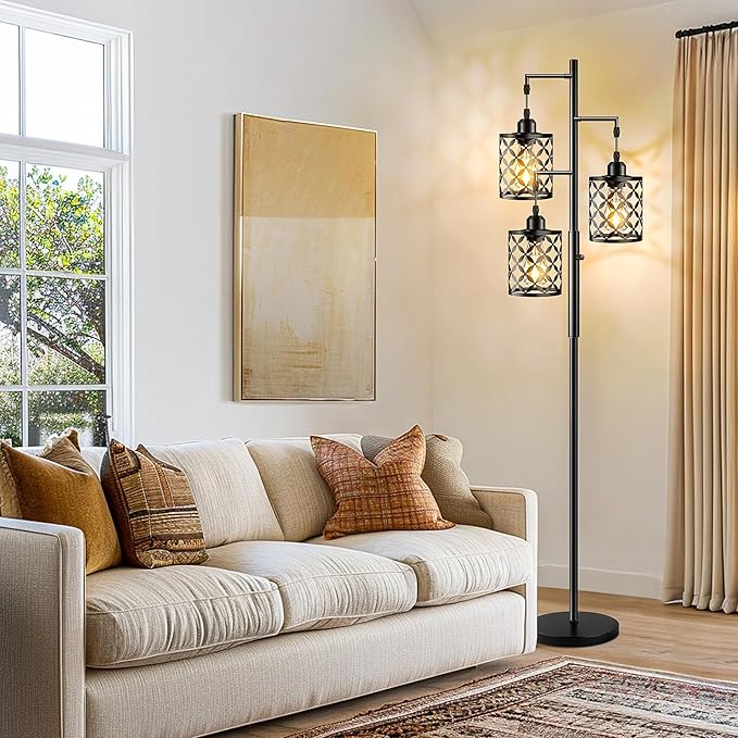 【Upgraded】72" Tall Dimmable Floor Lamp, Farmhouse Standing Lamp with Elegant Metal Cages, Industrial Tree Floor Lamps for Living Room, Bedroom, Study Room, Office (3 x 800LM LED Bulbs Included) -Black