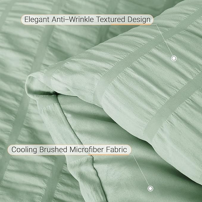 MUXHOMO 7 Pieces Queen Comforter Set, Seersucker Bed in a Bag Queen Size, All Season Luxury Bedding Set with Comforter, Flat Sheet, Fitted Sheet, Pillowcases & Shams, Sage Green