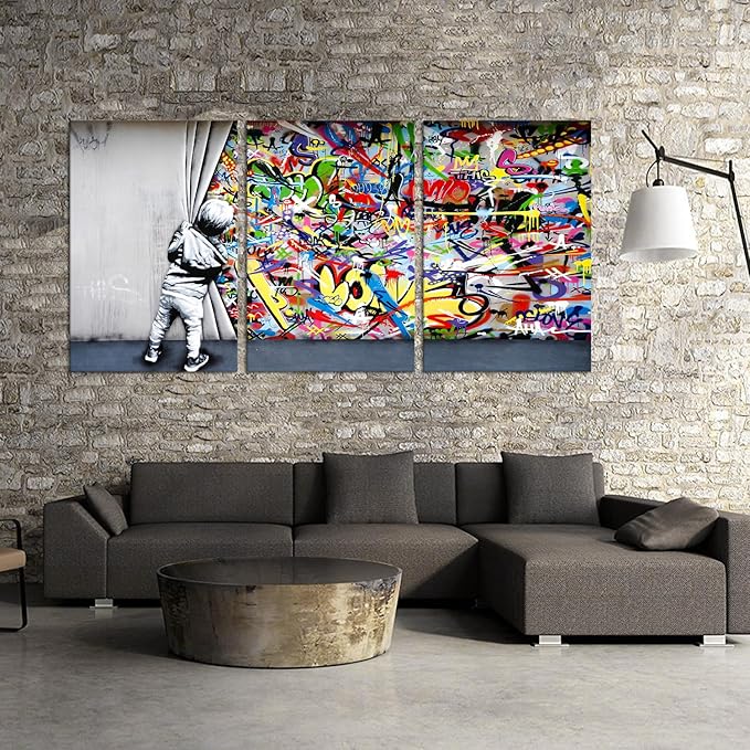 Novatique Graffiti Canvas Wall Art Banksy Wall Art Modern Pop Behind the Curtain Graffiti Painting Canvas Print for Living Room Bedroom, 24"x 36"x 3Pcs