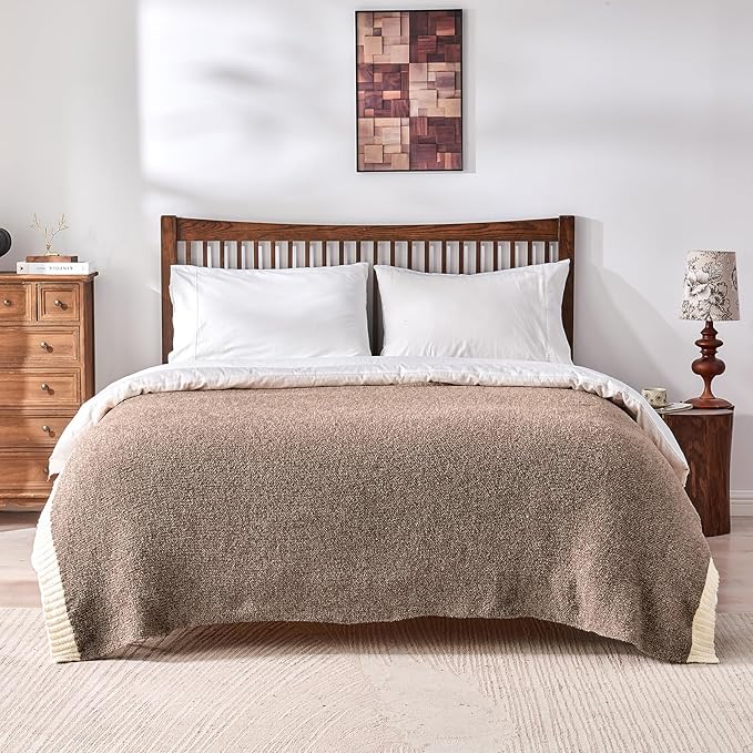 CozeCube Super Soft Fullfy Microfiber Reversible Knitted Blankets, Warm Cozy Fuzzy Plush Throw, Dark Brown and White Melange Throw Blanket for Couch Bed Sofa, 50" x 60"