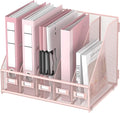 DALTACK Desk Organizers Metal Magazine File Holder with 5 Vertical Compartments Folder Storage Binder Organizer for Office Home School Organization, Pink Plus