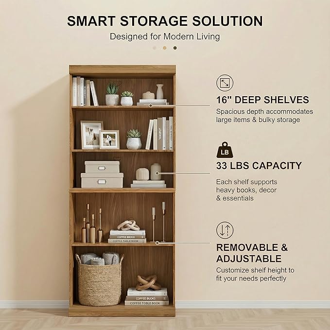 Casaphoria 6 Tier Wooden Bookshelf, 82" H Tall Book Shelf with Adjustable Shelves, Wide Bookshelf with 16" Deep Storage Space for Living Room,Bedroom & Home Office