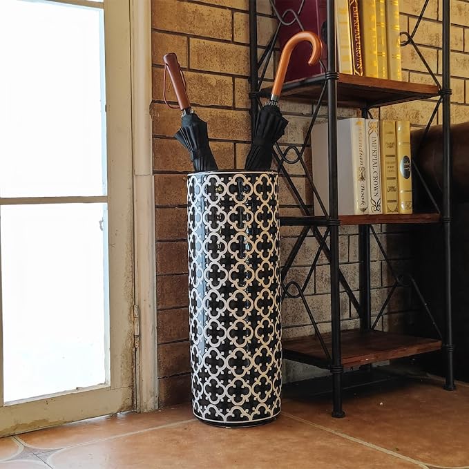 Porcelain Ceramic Umbrella Stand Holder Modern Style Floor Vase for Storage Canes Walking Sticks Golf Umbrella Mono-pods Tripod Bat Golf Club Gift Entryway Indoor 24" High Black&White