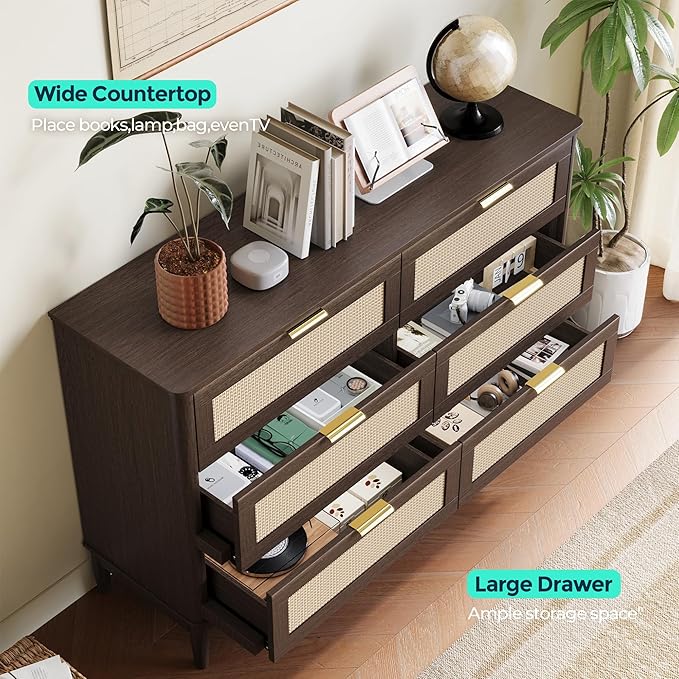 LINSY HOME Rattan Dresser with 6 Deep Drawers, 47" Wide Long Chest of Drawers, Mid Century Modern Tall Dresser, Large Wood Boho Storage Cabinet for Bedroom with Metal Handle and Durable Legs, Walnut