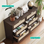 LINSY HOME Rattan Dresser with 6 Deep Drawers, 47" Wide Long Chest of Drawers, Mid Century Modern Tall Dresser, Large Wood Boho Storage Cabinet for Bedroom with Metal Handle and Durable Legs, Walnut