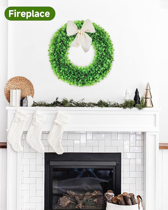 DDHS 24 Inch Large Boxwood Wreath for Front Door, Round Artificial Spring Summer Greenery Wreath with Hello Sign & Sash, Green Wreaths for Farmhouse Wedding Year Round Indoor Outdoor Home Decor