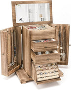Emfogo Jewelry Box for Women, Rustic Wooden Jewelry Boxes & Organizers with Mirror, 4 Layer Jewelry Organizer Box Display for Rings Earrings Necklaces Bracelets (Rustic Brown)
