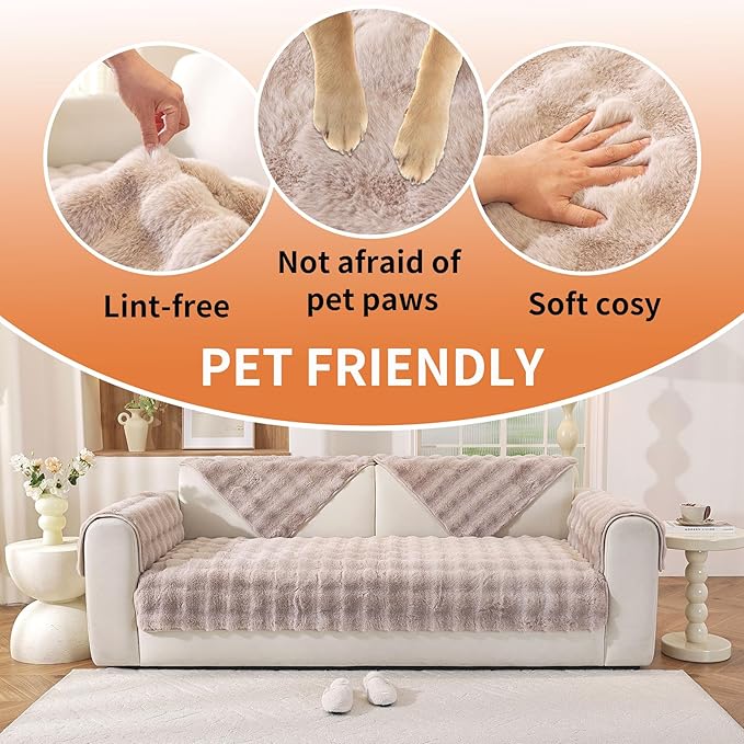 Waterproof Dog Bed Cover Non Slip Couch Covers for Dogs Washable Soft Faux Fur Sofa Cover Couch Covers for 2 Cushion Couch Sofa Pet Friendly (Khaki)