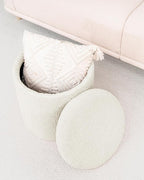 Round Boucle Storage Ottoman with Reversible Wood Tray, 17.7" Sherpa Cylinder Footrest Stool with Storage, Upholstered Folding Ottoman Coffee Table for Living Room Bedroom Dorm, White