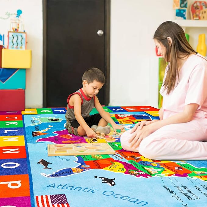 USA Map ABC Kid Rug 118" × 78.7" for Playroom Geography Extra Large Classroom Rug Educational Baby Playmat Alphabet Carpet for Primary School Fluffy Non-Slip Preschool Carpet Nursery Room