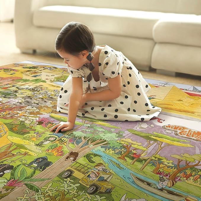 Desert Adventure Kids Rug 5x7 – Safari Animal Map Carpet with Lions, Elephants, Giraffes & Tribes – Educational Play Mat for Baby Bedroom, Classroom, or Playroom, Gold and Vibrant Decor