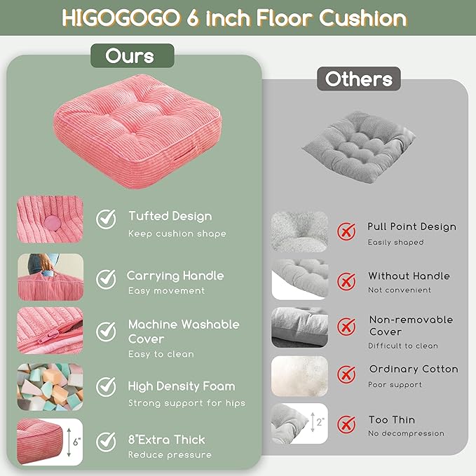 6" Washable Floor Pillow Cushion for Adults, Meditation Cushion Pillow, Large Square Floor Sitting, Removable Tufted Corduroy Cover, for Tatami Living Room or Yoga, 22x22 Inch, Machine Washable