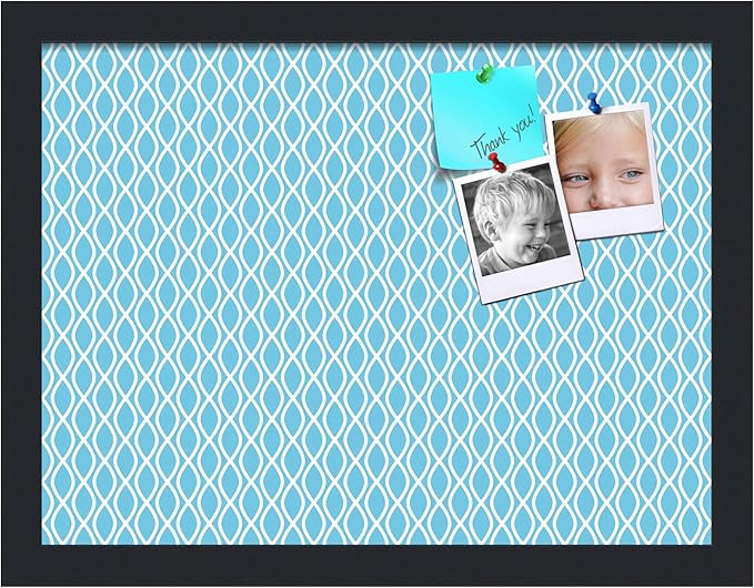 PinPix 16x12 inch Cork Bulletin Board. This Decorative Framed Pin Board Comes with Sky Blue Waves Design and a Satin Black Frame. Ideal for Home Office Decor (PinPix-245)