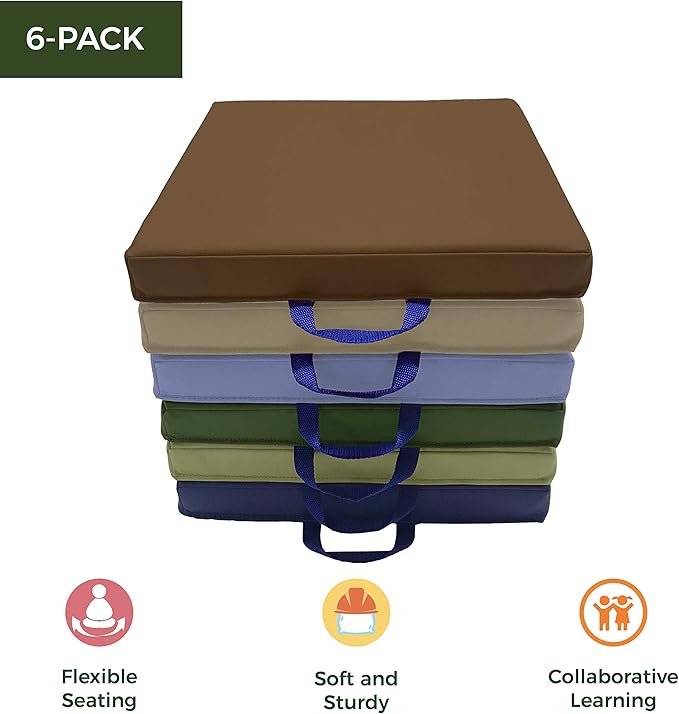 Factory Direct Partners SoftScape 15 inch Square Classroom Floor Cushions with Handles; Flexible Seating for Daycare, Preschool, Playroom; 2 inch Thick Deluxe Foam (6-Piece) - Earthtone, 12228-ET