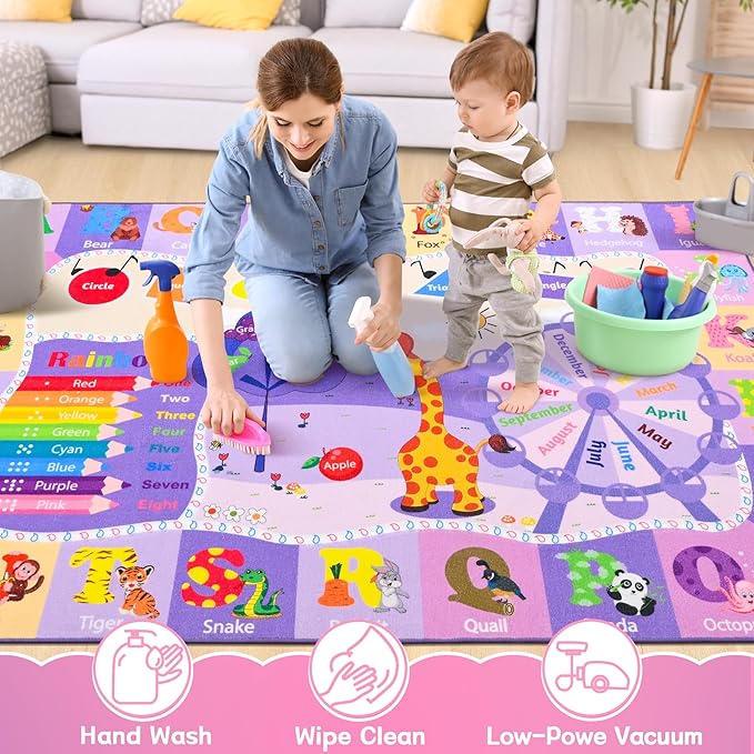 Chicrug Educational Kid Area Rug for Playroom, 6x9 Feet TPR Non Slip Kids Classroom Carpet Rug for Learning ABC Animal, Shape Color Fruit, Washable Play Mat Rug for Children Nursery Toddler Room Decor