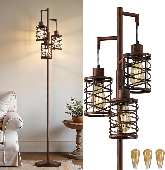 Oneach 70" Industrial Floor Lamp, Stepless Dimmable Standing Lamp with 3 Bulbs, Farmhouse Corner Standing Tree Lamp for Living Room, Tall Lamps for Bedroom, Office, Study Room, Dining Room