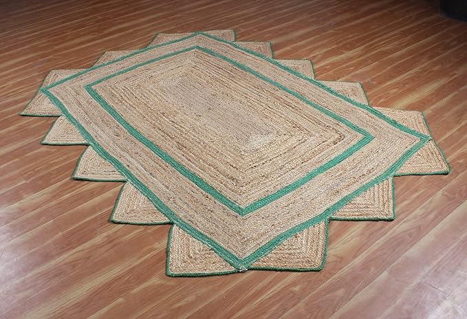 Scalloped Edge Rug, Hand Woven Natural Jute Area Rug, 8x10 Ft Beige & Green Braided Sisal Kilim Rugs for Living Room, Kitchen, Entryway, Farmhouse
