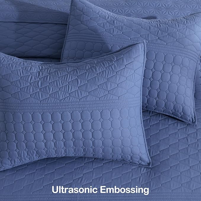 HORIMOTE HOME Denim Blue Queen Size Quilt Set - Soft Microfiber Bedspread with 2 Shams, Lightweight & All-Season Geometric Coverlet for Cozy Bedding
