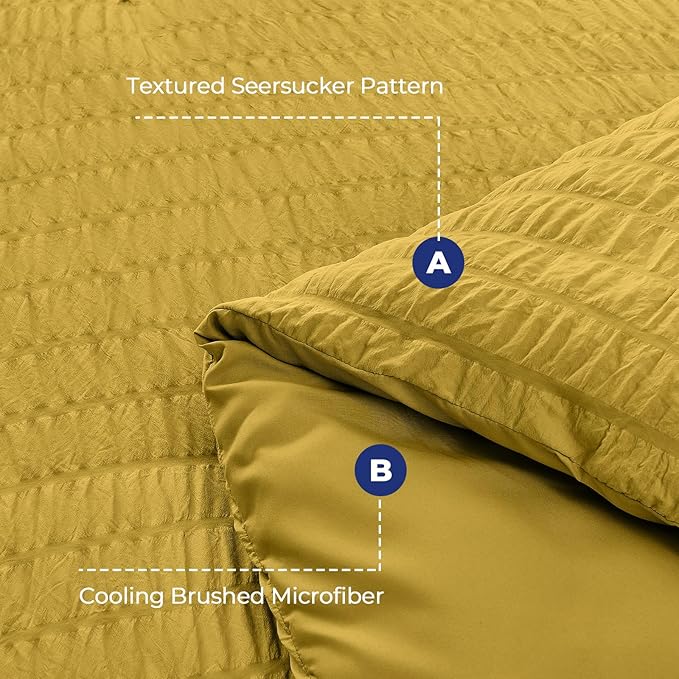 HYMOKEGE Mustard Yellow Queen Comforter Set Seersucker 7 Pieces, All Season Luxury Bed in a Bag Queen for Bedroom, Bedding Set with Comforter, Sheets, Pillowcases & Shams
